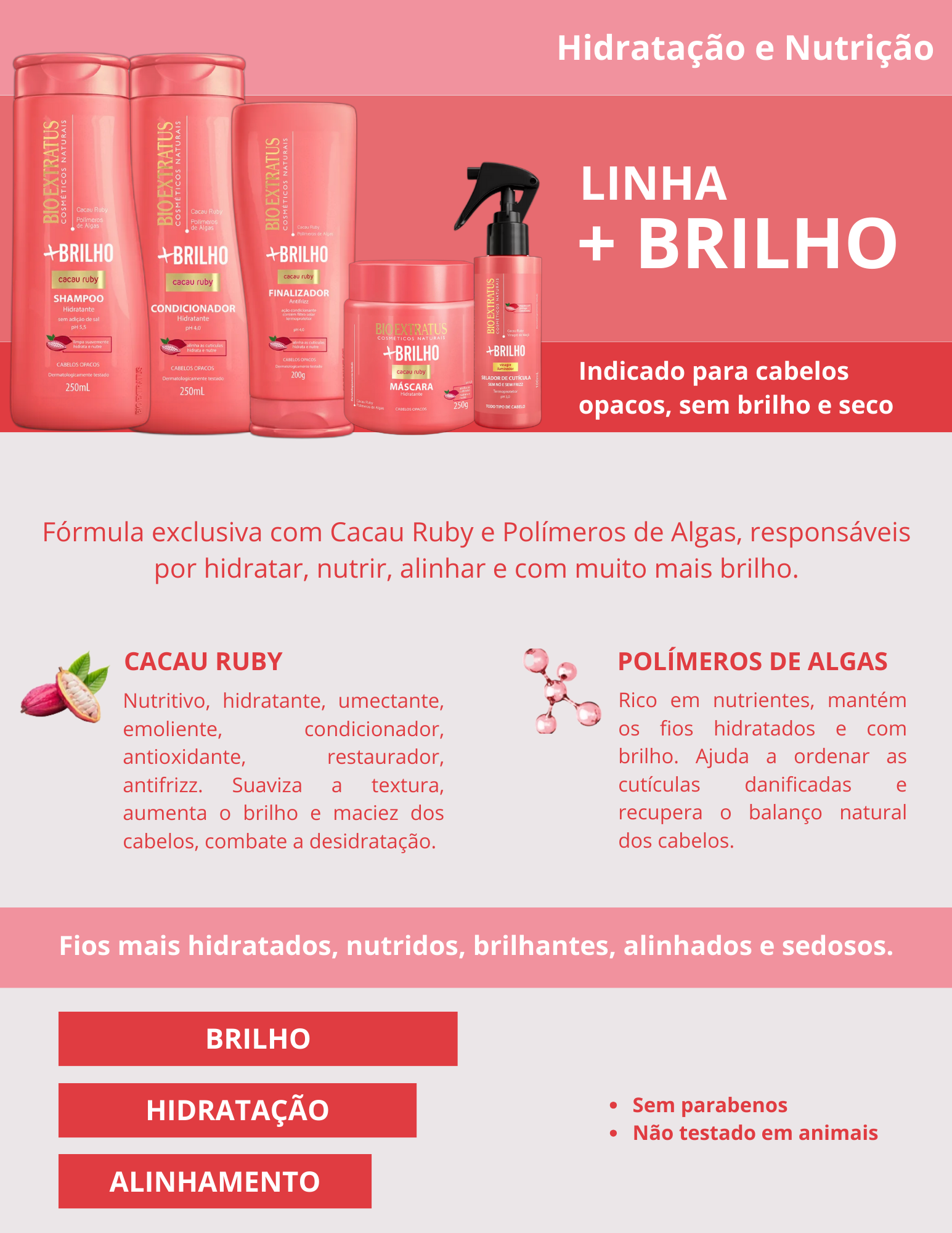 Produto - Shampoo +BRILHO BIO EXTRATUS 250ml - Condicionador +BRILHO BIO EXTRATUS 250ml - Máscara +BRILHO BIO EXTRATUS 250g - Finalizador +BRILHO BIO EXTRATUS 200g - Spray selador de cutícula +BRILHO BIO EXTRATUS 100ml