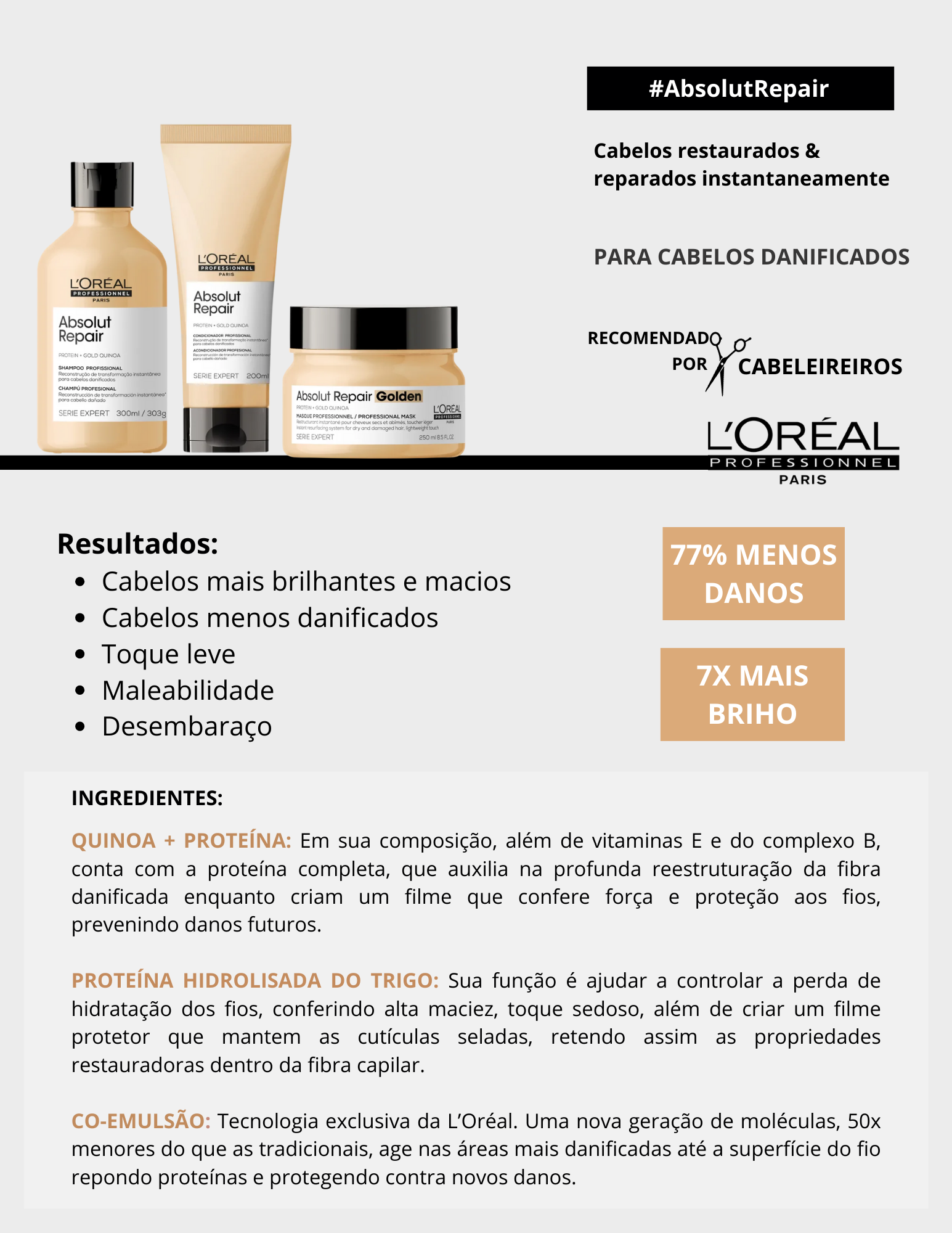 Produto - Shampoo ABSOLUT REPAIR SERIE EXPERT L'ORÉAL PROFESSIONNEL 300ml - Condicionador ABSOLUT REPAIR SERIE EXPERT L'ORÉAL PROFESSIONNEL 200ml - Máscara ABSOLUT REPAIR GOLDEN SERIE EXPERT L'ORÉAL PROFESSIONNEL 250g