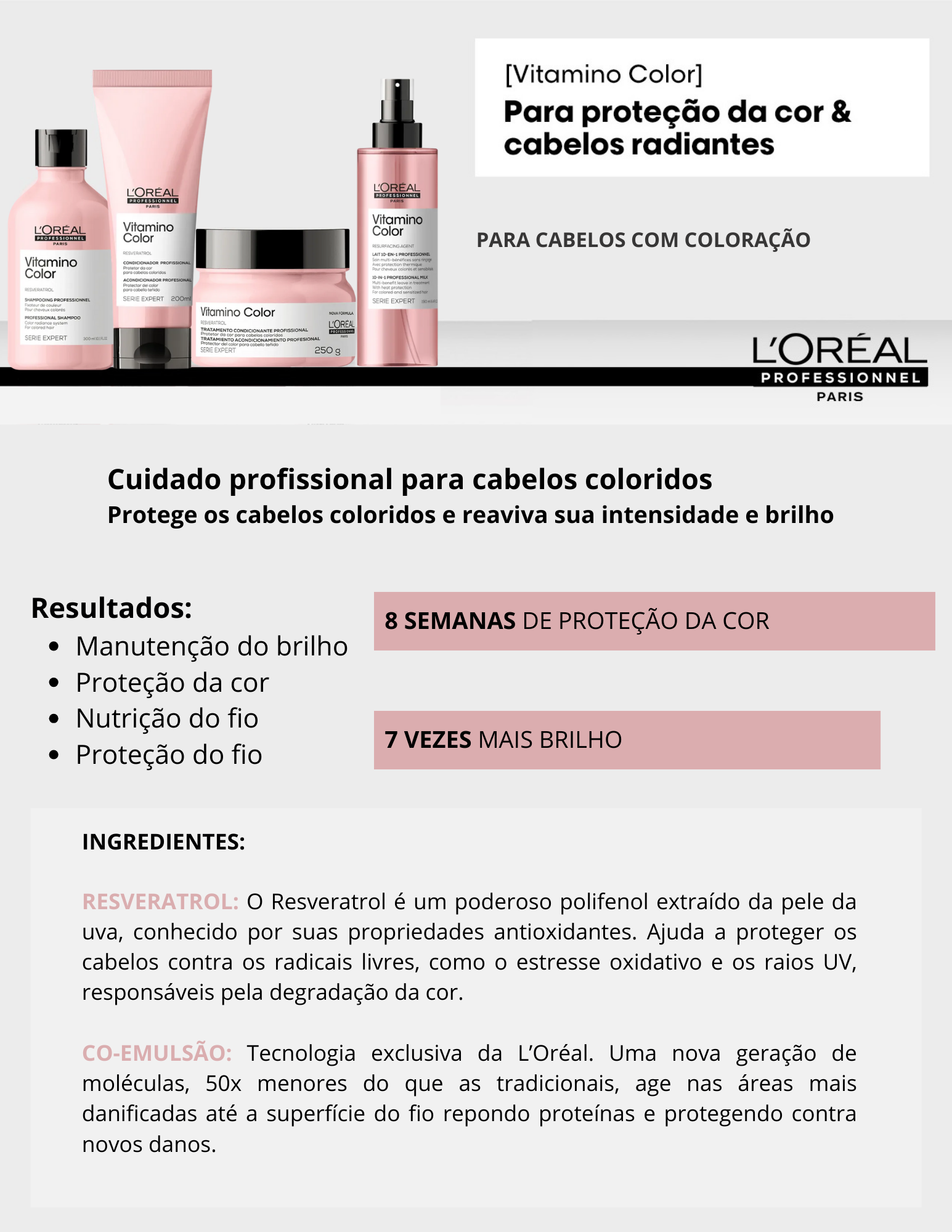 Produto - Shampoo VITAMINO COLOR SERIE EXPERT L'ORÉAL PROFESSIONNEL 300ml - Condicionador VITAMINO COLOR SERIE EXPERT L'ORÉAL PROFESSIONNEL 200ml - Máscara VITAMINO COLOR SERIE EXPERT L'ORÉAL PROFESSIONNEL 250g - Leave in VITAMINO COLOR SERIE EXPERT L'ORÉAL PROFESSIONNEL 150ml