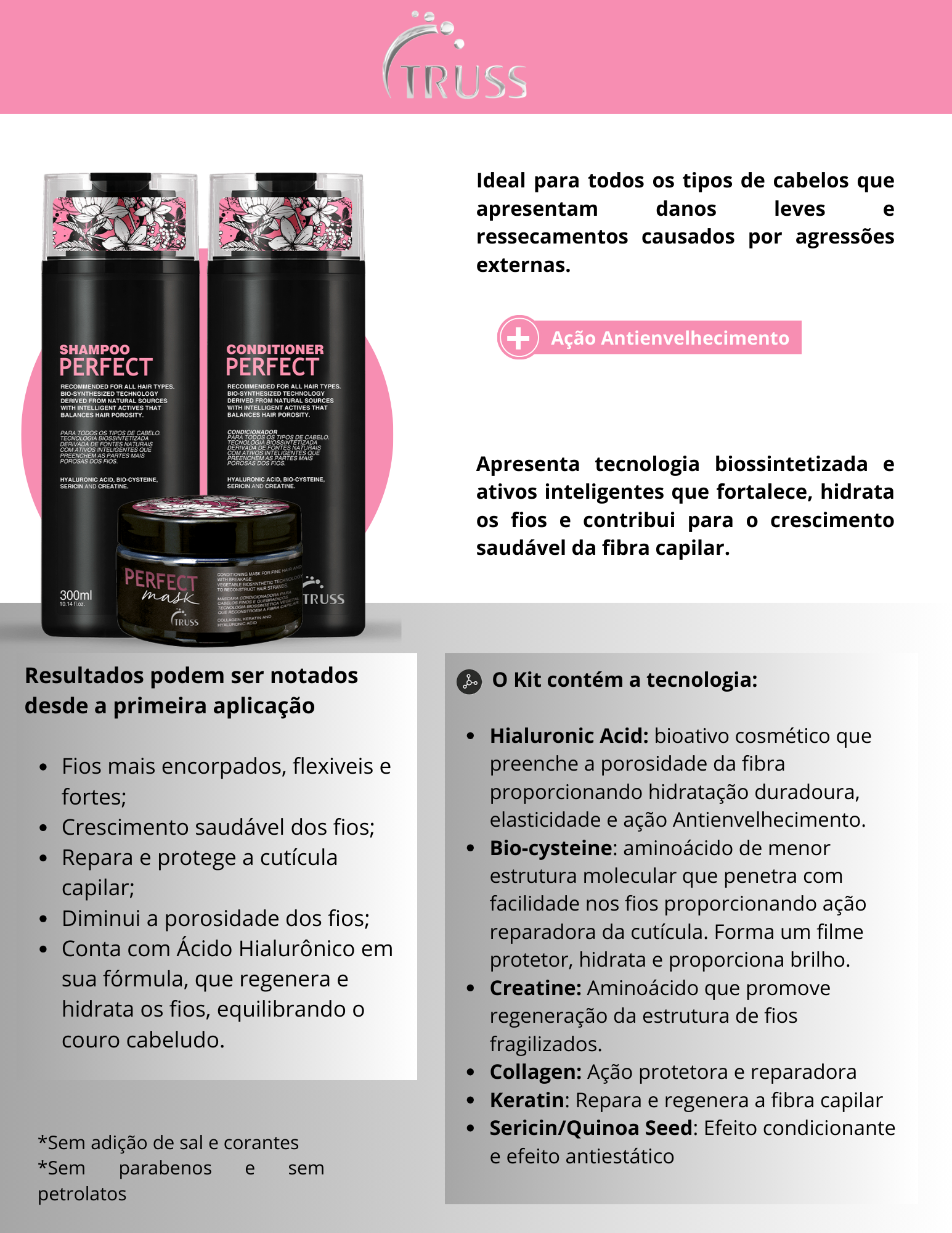 Produto - Shampoo PERFECT TRUSS PROFESSIONAL 300ml - Condicionador PERFECT TRUSS PROFESSIONAL 300ml - Máscara PERFECT MASK TRUSS PROFESSIONAL 180g