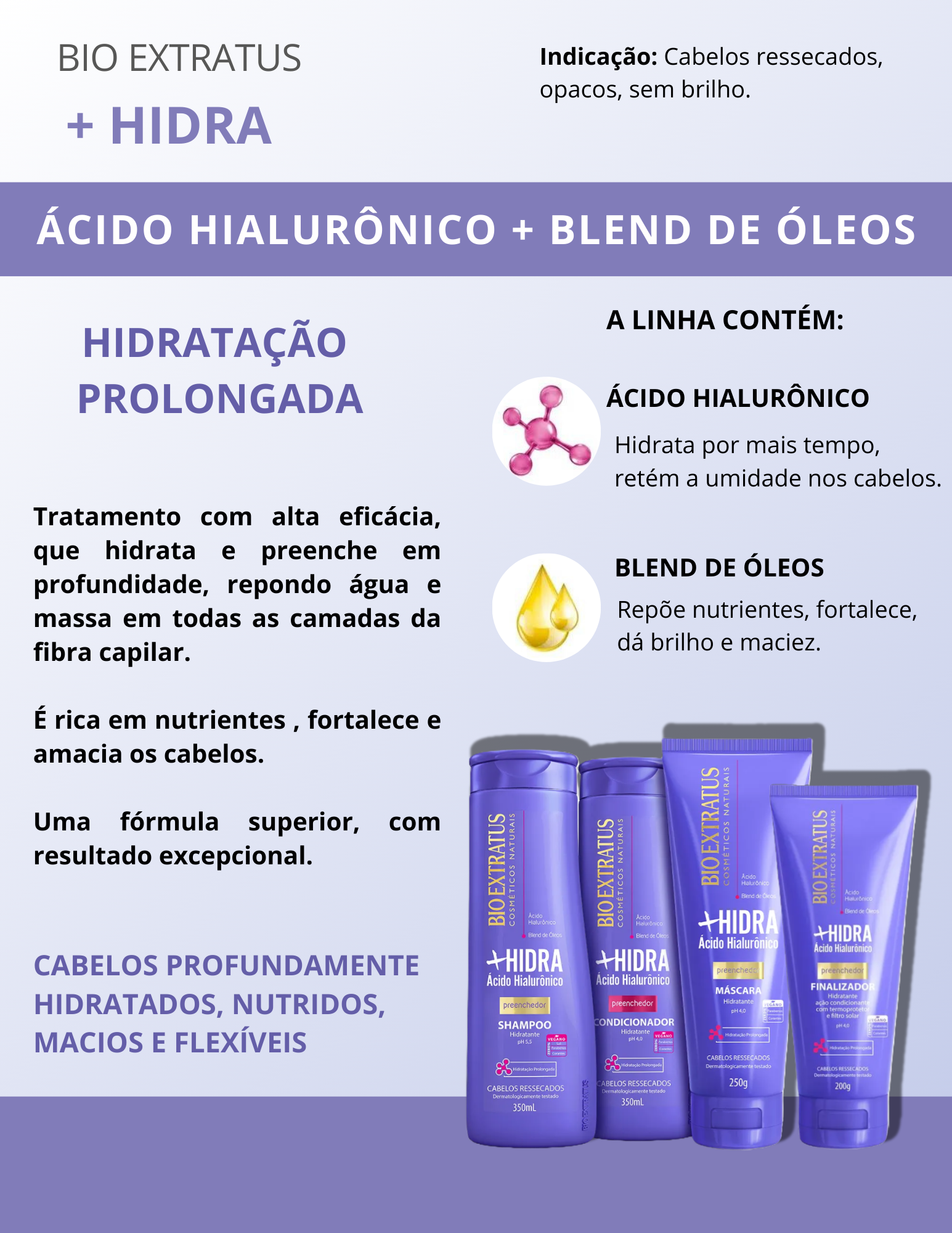 Produto - Shampoo +HIDRA BIO EXTRATUS 350ml - Condicionador +HIDRA BIO EXTRATUS 350ml - Máscara +HIDRA BIO EXTRATUS 250g - Finalizador +HIDRA BIO EXTRATUS 200g