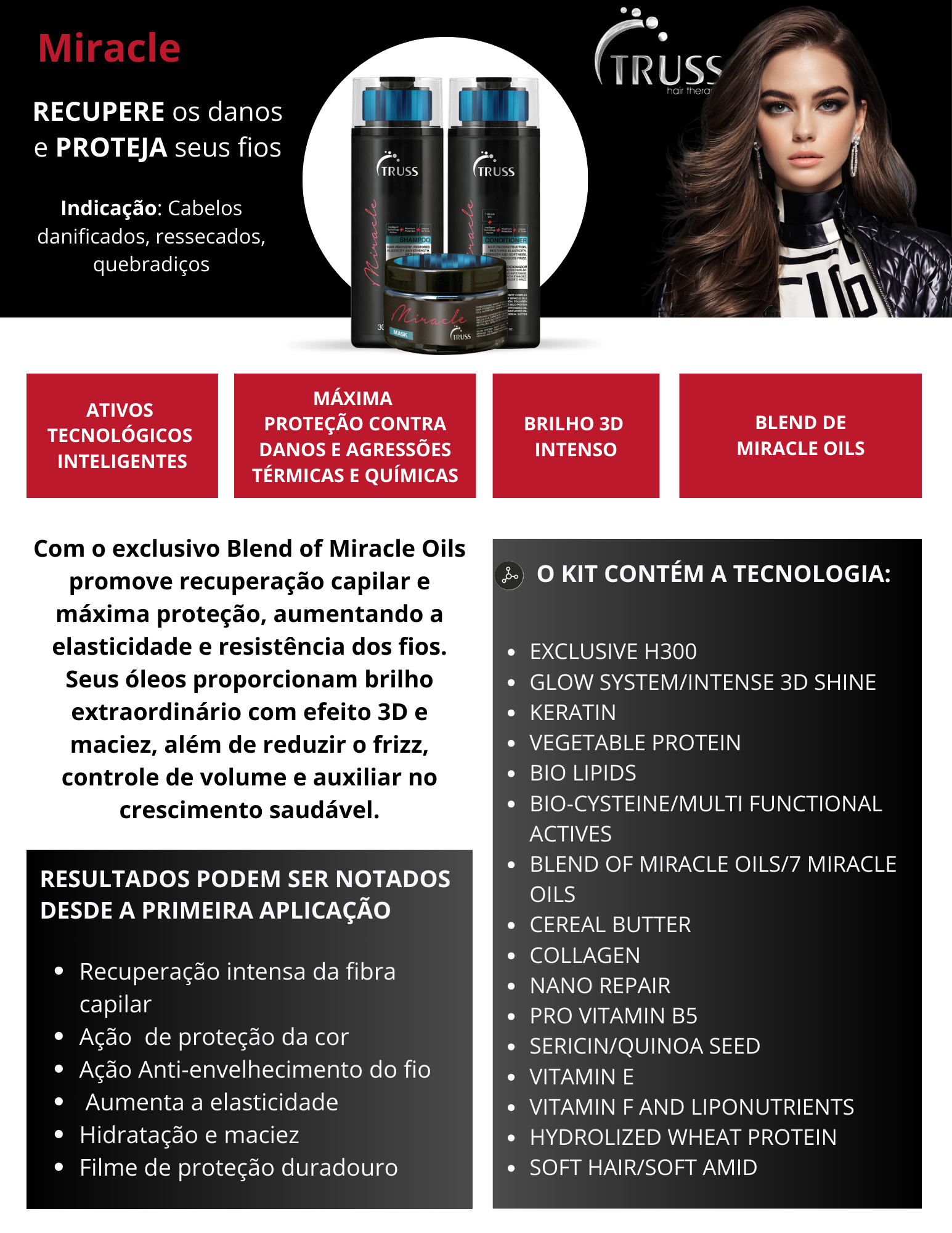 Produto - Shampoo MIRACLE TRUSS PROFESSIONAL 300ml - Condicionador MIRACLE TRUSS PROFESSIONAL 300ml - Máscara MIRACLE MASK TRUSS PROFESSIONAL 180g