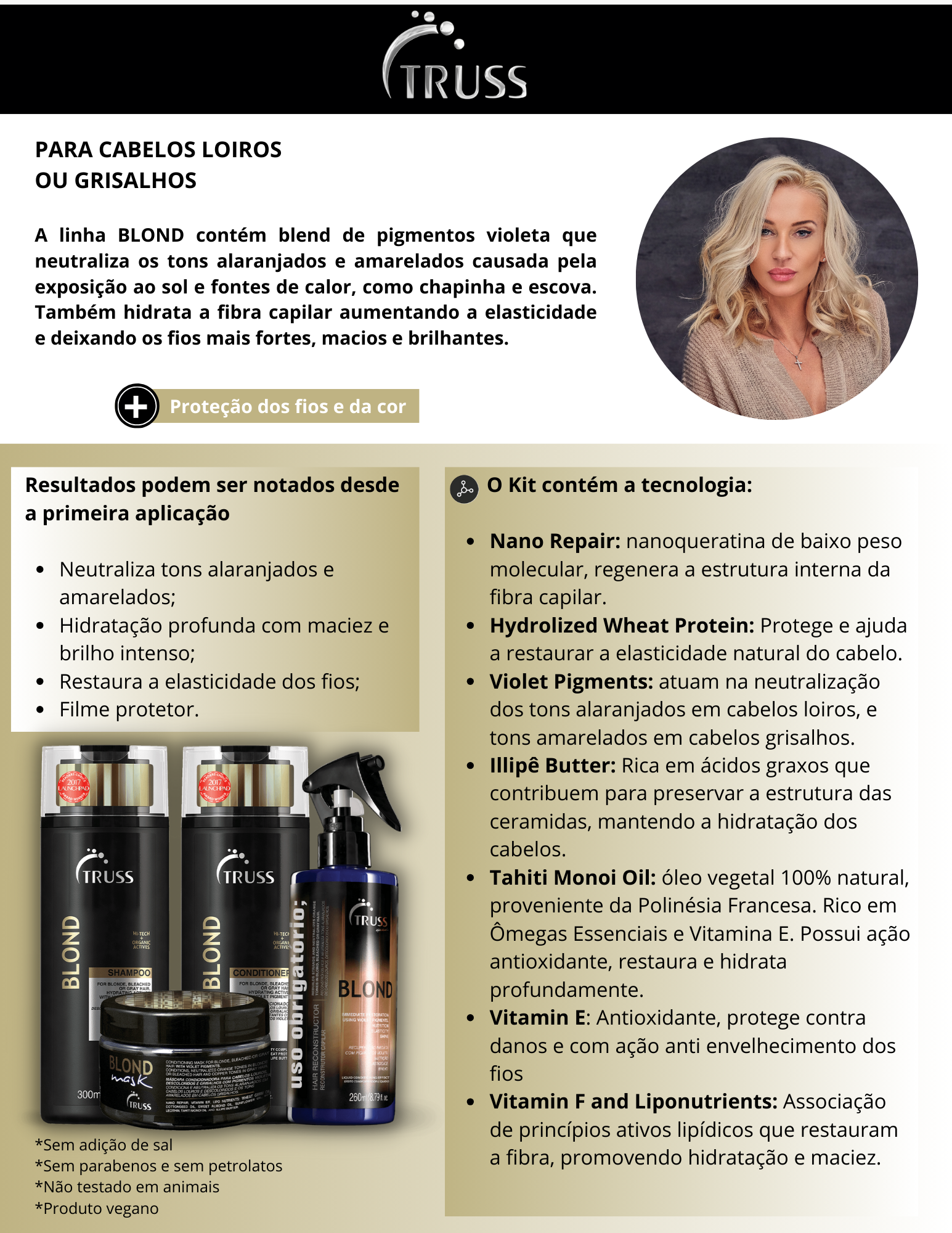 Produto - Shampoo BLOND TRUSS PROFESSIONAL 300ml - Condicionador BLOND TRUSS PROFESSIONAL 300ml - Máscara BLOND MASK TRUSS PROFESSIONAL 180g - Spray USO OBRIGATÓRIO; BLOND TRUSS PROFESSIONAL 260ml