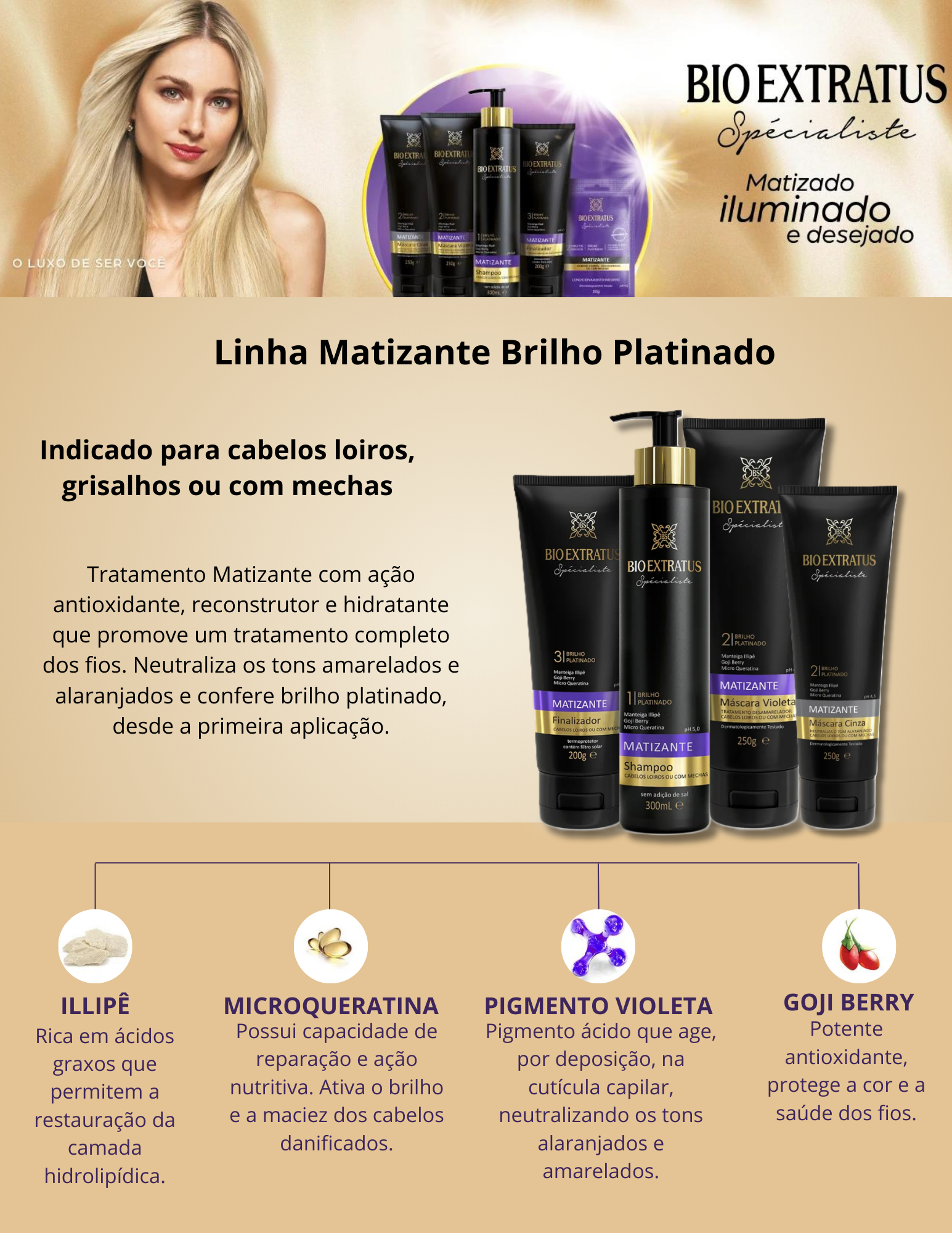 Produto - Shampoo SPÉCIALISTE MATIZANTE BIO EXTRATUS 300ml - Máscara SPÉCIALISTE MATIZANTE VIOLETA BIO EXTRATUS 250g - Máscara SPÉCIALISTE MATIZANTE CINZA BIO EXTRATUS 250g - Finalizador SPÉCIALISTE MATIZANTE BIO EXTRATUS 200g