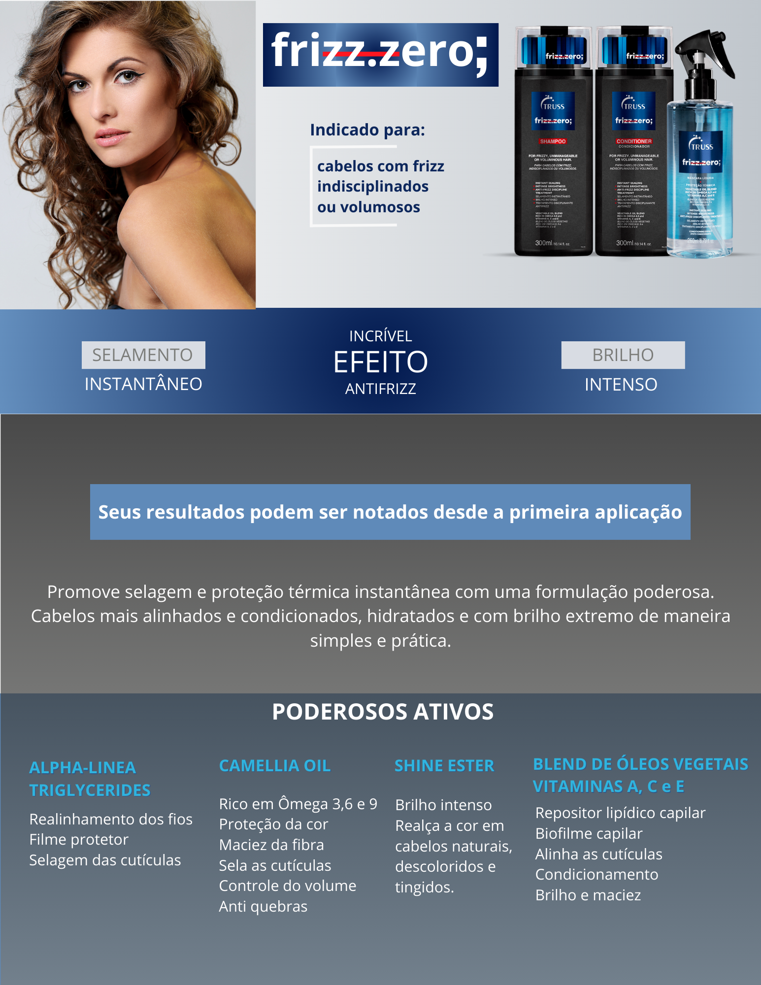 Produto - Shampoo FRIZZ ZERO TRUSS PROFESSIONAL 300ml - Condicionador FRIZZ ZERO TRUSS PROFESSIONAL 300ml - Máscara líquida FRIZZ ZERO TRUSS PROFESSIONAL 260ml