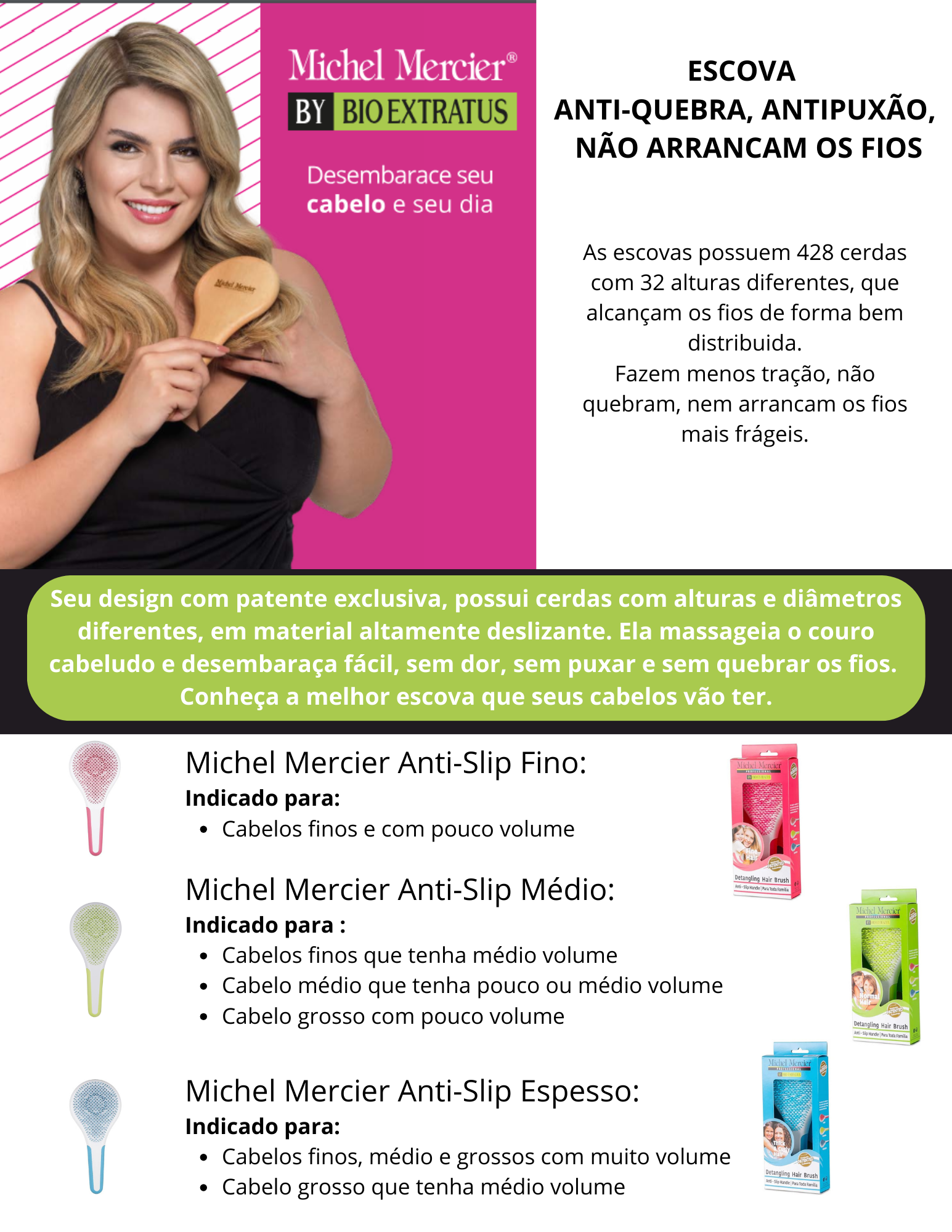 Produto - Escova Antipuxão, anti-quebra MICHEL MERCIER ANTI-SLIP FINO - Escova Antipuxão, anti-quebra MICHEL MERCIER ANTI-SLIP MÉDIO - Escova Antipuxão, anti-quebra MICHEL MERCIER ANTI-SLIP ESPESSO