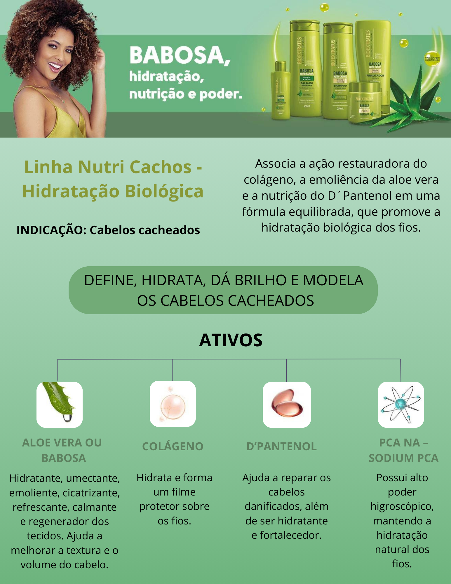 Produto - Shampoo NUTRI CACHOS BIO EXTRATUS 250ml - Condicionador NUTRI CACHOS BIO EXTRATUS 250ml - Máscara NUTRI CACHOS BIO EXTRATUS 250g - Finalizador NUTRI CACHOS BIO EXTRATUS 200g - Cristal líquido NUTRI CACHOS BIO EXTRATUS 60ml