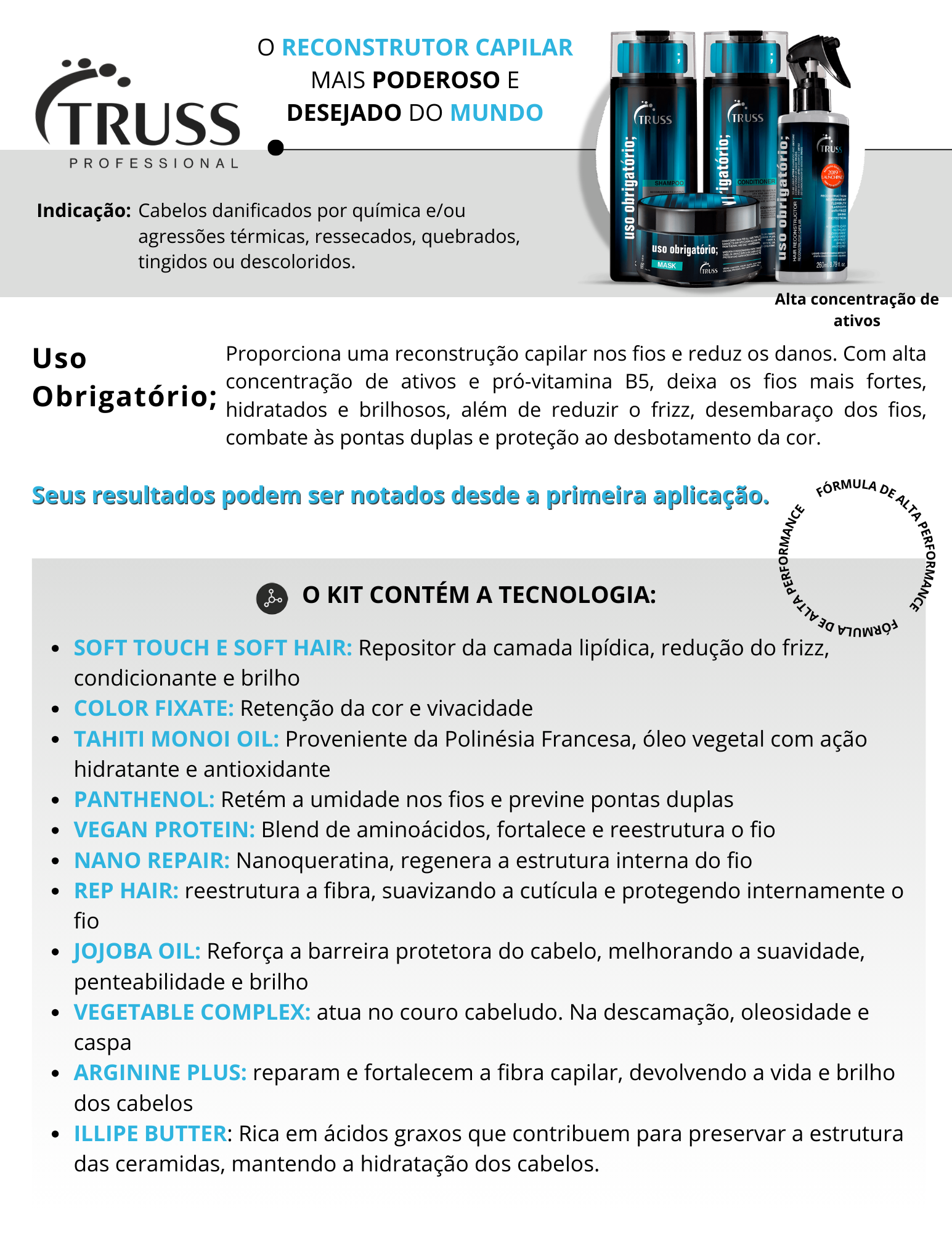 Produto - Shampoo USO OBRIGATÓRIO; TRUSS PROFESSIONAL 300ml - Condicionador USO OBRIGATÓRIO; TRUSS PROFESSIONAL 300ml - Máscara USO OBRIGATÓRIO; MASK TRUSS PROFESSIONAL 180g - Spray USO OBRIGATÓRIO; TRUSS PROFESSIONAL 260ml