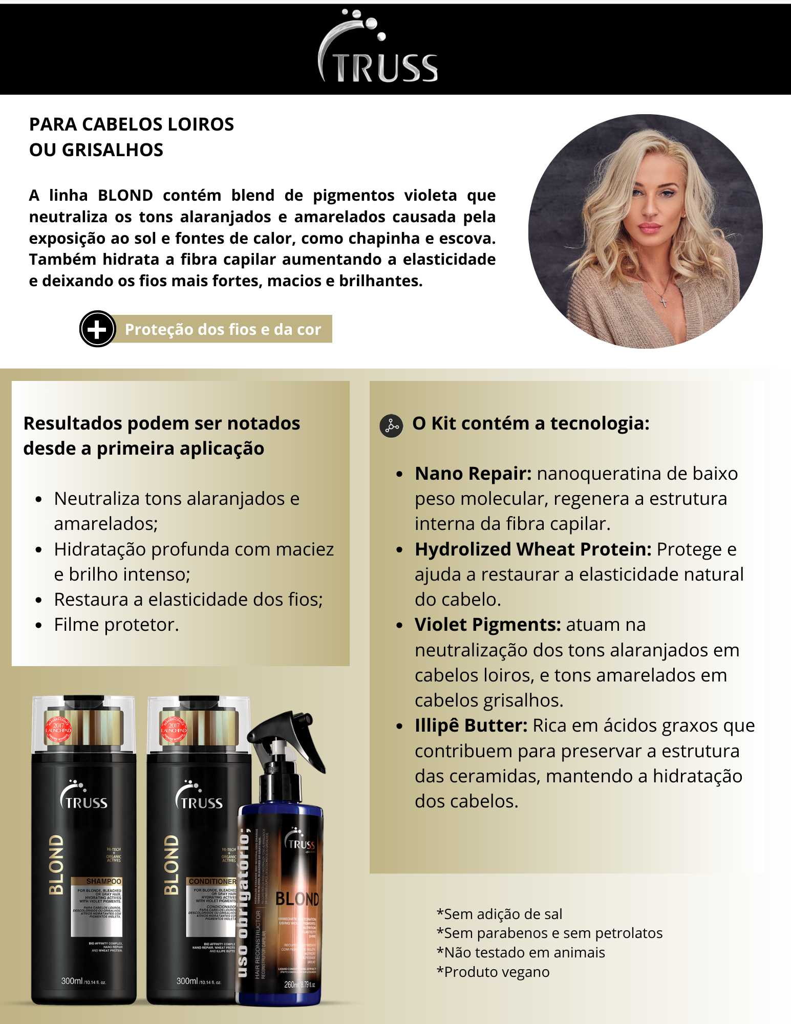 Produto - Shampoo BLOND TRUSS PROFESSIONAL 300ml - Condicionador BLOND TRUSS PROFESSIONAL 300ml - Spray USO OBRIGATÓRIO; BLOND TRUSS PROFESSIONAL 260ml